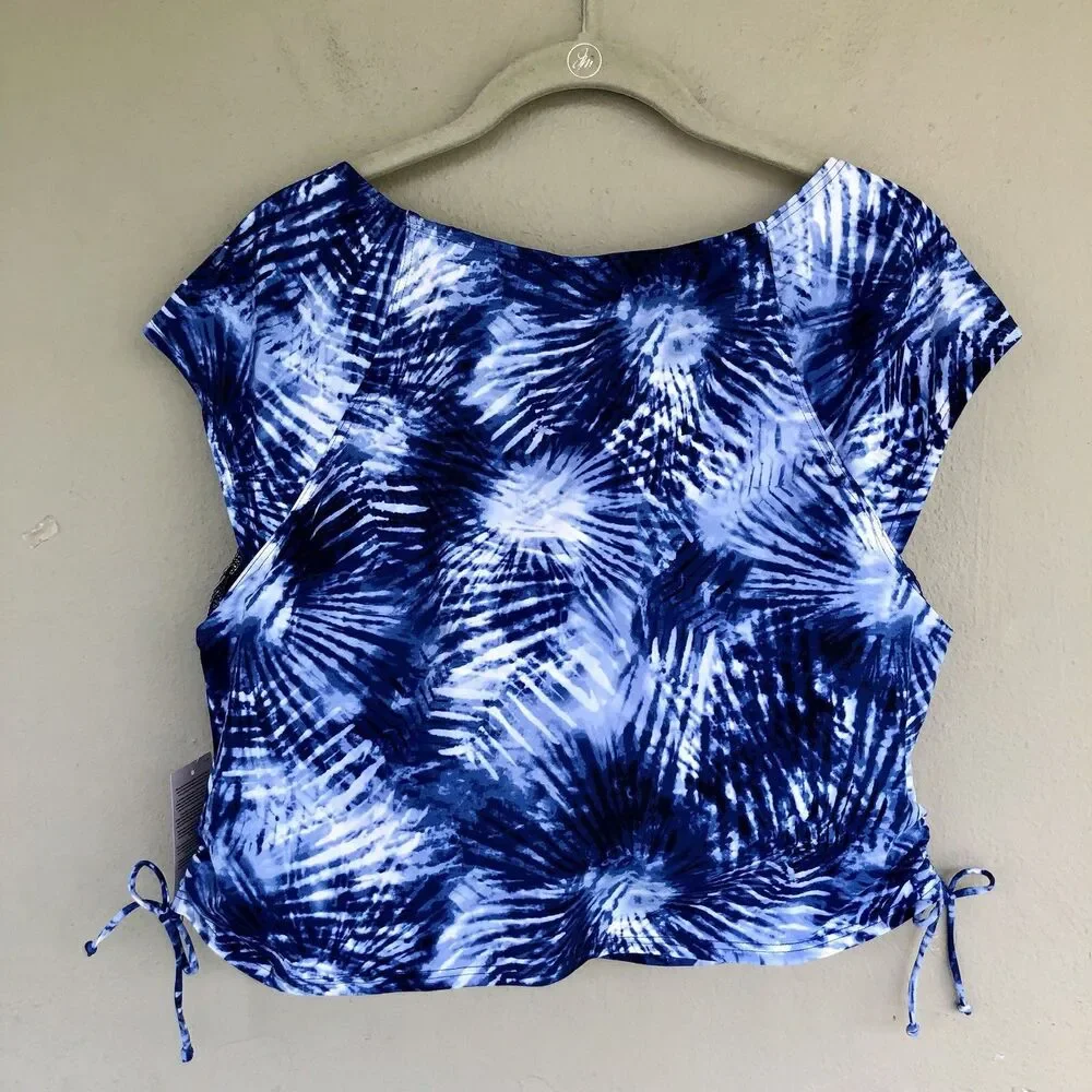 Lands End Tie Dye Tankini Swim Top Women 18W Blue Palm Print Padded Beach Resort